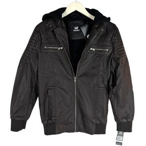 New XRAY Jeans Men US S Brown Faux PU Leather Biker Jacket Zipper Coat